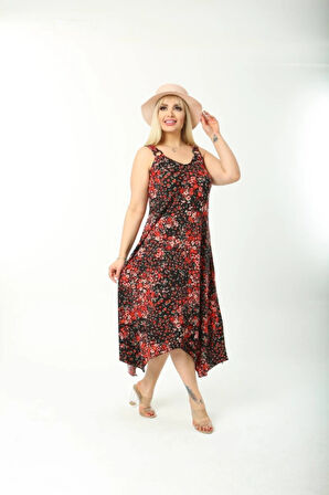 Kadın Büyük Beden Tokalı Askılı Çiçek Desenli Elbise