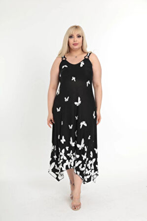 Kadın Büyük Beden Tokalı Askılı Kelebek Desenli Siyah Elbise