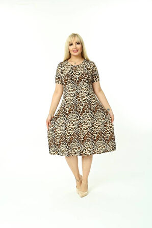 Kadın Büyük Beden Kısa Kollu Midi Boy Leopar Desenli Elbise