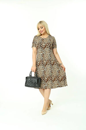 Kadın Büyük Beden Kısa Kollu Midi Boy Leopar Desenli Elbise