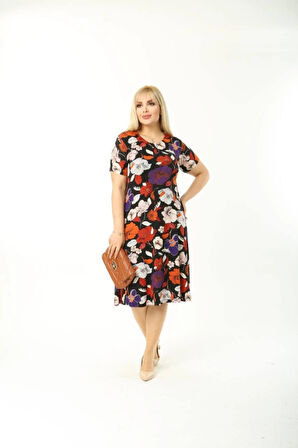 Kadın Büyük Beden Kısa Kollu Midi Boy Çiçek Desenli Elbise