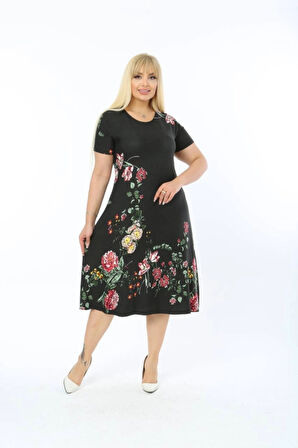 Kadın Büyük Beden Kısa Kollu Midi Boy Çiçek Desenli Siyah Elbise