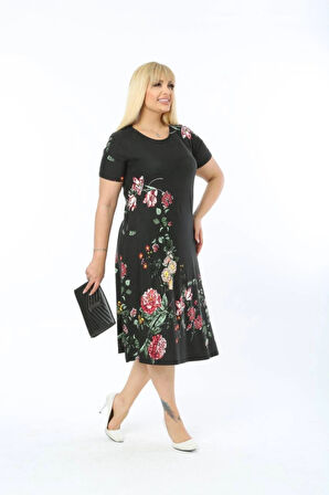 Kadın Büyük Beden Kısa Kollu Midi Boy Çiçek Desenli Siyah Elbise