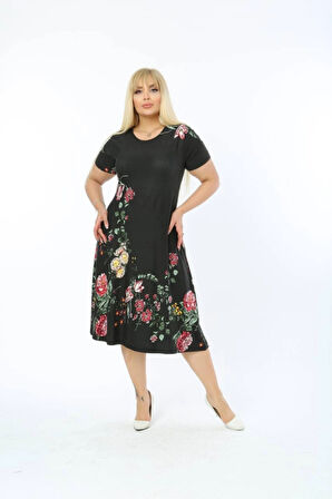 Kadın Büyük Beden Kısa Kollu Midi Boy Çiçek Desenli Siyah Elbise