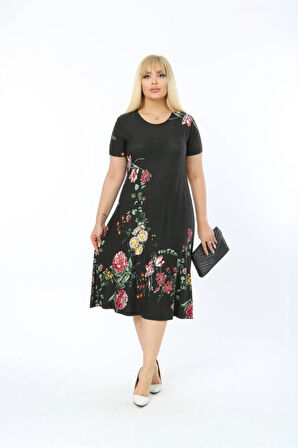 Kadın Büyük Beden Kısa Kollu Midi Boy Çiçek Desenli Siyah Elbise