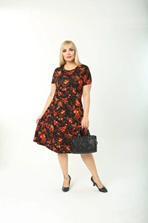 Kadın Büyük Beden Kısa Kollu Midi Boy Çiçek Desenli Elbise