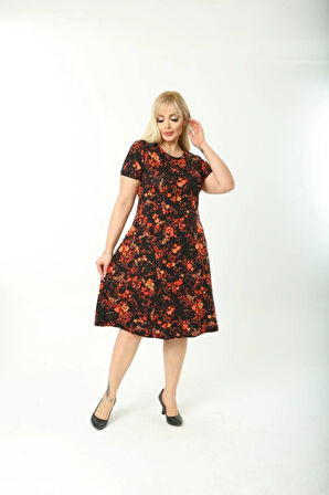 Kadın Büyük Beden Kısa Kollu Midi Boy Çiçek Desenli Elbise