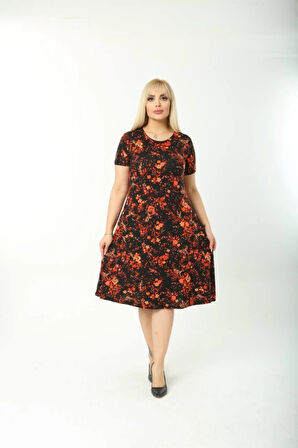 Kadın Büyük Beden Kısa Kollu Midi Boy Çiçek Desenli Elbise