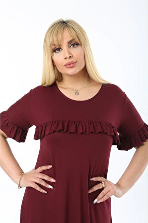 Kadın Büyük Beden Kol Ve Göğüs Fırfırlı Bisiklet Yaka Midi Boy Elbise