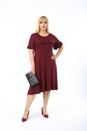 Kadın Büyük Beden Kol Ve Göğüs Fırfırlı Bisiklet Yaka Midi Boy Elbise