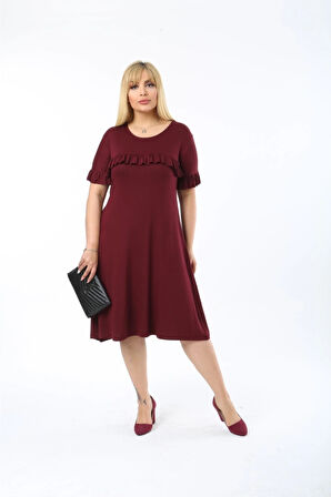 Kadın Büyük Beden Kol Ve Göğüs Fırfırlı Bisiklet Yaka Midi Boy Elbise