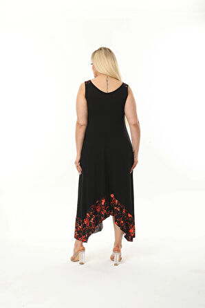 Kadın Büyük Beden Tokalı Askılı Taş Desenli Elbise