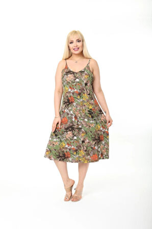 Kadın Büyük Beden Ip Askılı Desenli Midi Boy Elbise