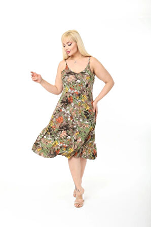 Kadın Büyük Beden Ip Askılı Desenli Midi Boy Elbise