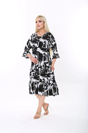 Büyük Beden Alt Fırfırlı Likralı Viskon Elbise