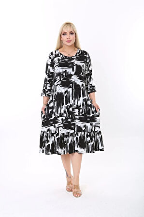 Büyük Beden Alt Fırfırlı Likralı Viskon Elbise