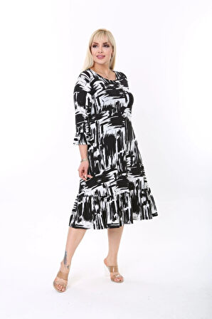 Büyük Beden Alt Fırfırlı Likralı Viskon Elbise