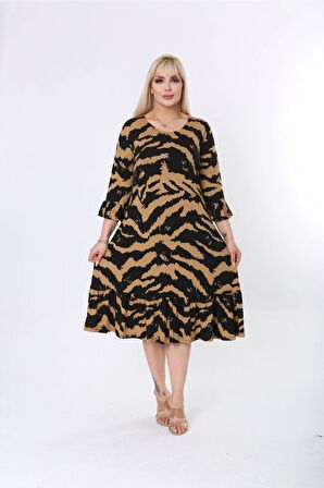 Büyük Beden Alt Fırfırlı Likralı Viskon Elbise