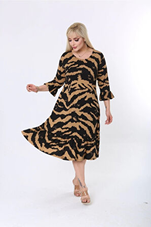 Büyük Beden Alt Fırfırlı Likralı Viskon Elbise