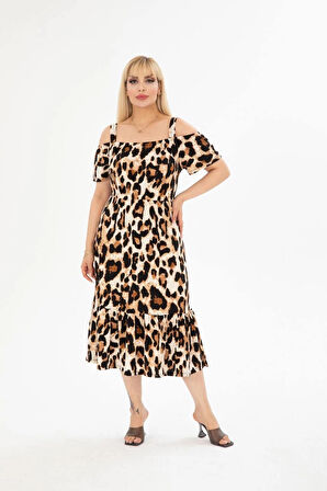 Kadın Büyük Beden Madonna Yaka Desenli Askılı Elbise