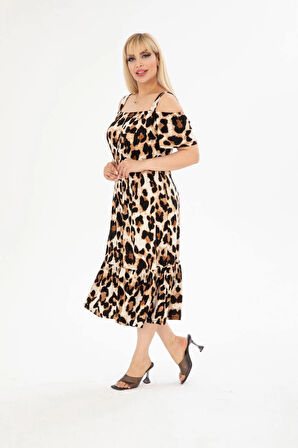 Kadın Büyük Beden Madonna Yaka Desenli Askılı Elbise