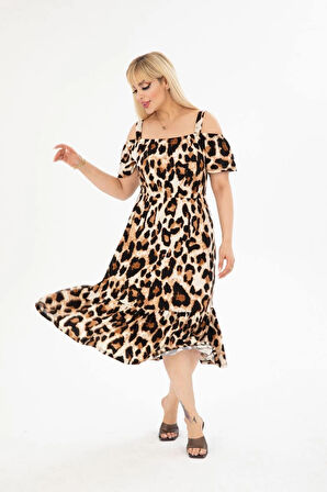 Kadın Büyük Beden Madonna Yaka Desenli Askılı Elbise