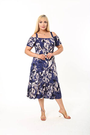 Kadın Büyük Beden Madonna Yaka Desenli Askılı Elbise