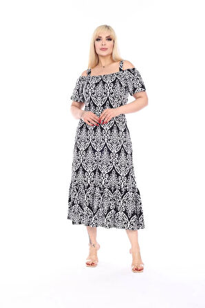 Kadın Büyük Beden Madonna Yaka Desenli Askılı Elbise