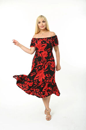 Kadın Büyük Beden Madonna Yaka Desenli Askılı Elbise