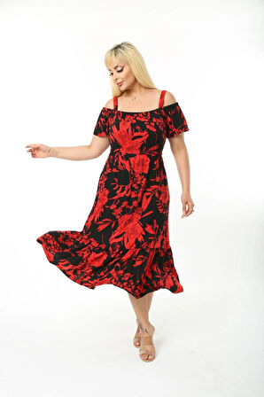 Kadın Büyük Beden Madonna Yaka Desenli Askılı Elbise