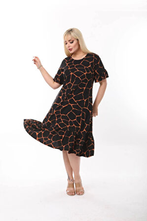 Kadın Büyük Beden Eteği Fırfırlı Cepli Viskon Kumaş Esnek Kısa Kollu Elbise