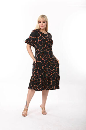 Kadın Büyük Beden Eteği Fırfırlı Cepli Viskon Kumaş Esnek Kısa Kollu Elbise