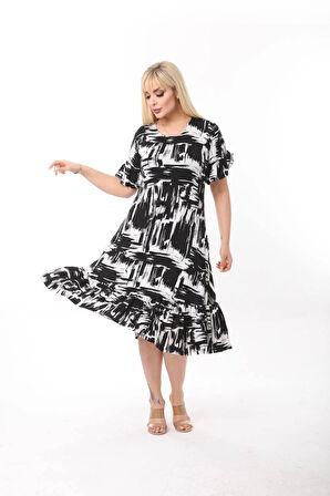 Kadın Büyük Beden Eteği Fırfırlı Cepli Viskon Kumaş Esnek Kısa Kollu Elbise