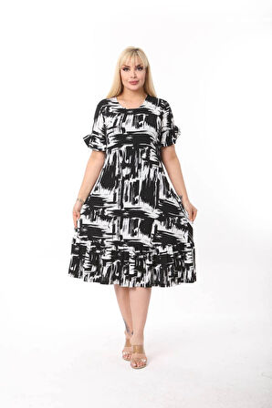 Kadın Büyük Beden Eteği Fırfırlı Cepli Viskon Kumaş Esnek Kısa Kollu Elbise