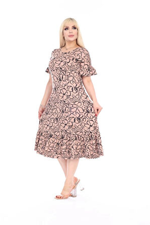 Kadın Büyük Beden Eteği Fırfırlı Cepli Viskon Kumaş Esnek Kısa Kollu Elbise