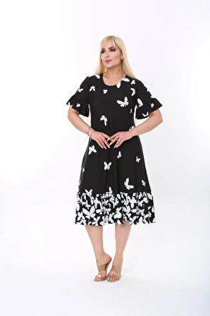 Kadın Büyük Beden Eteği Fırfırlı Cepli Viskon Kumaş Esnek Kısa Kollu Elbise