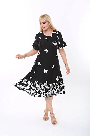 Kadın Büyük Beden Eteği Fırfırlı Cepli Viskon Kumaş Esnek Kısa Kollu Elbise