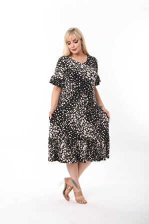 Kadın Büyük Beden Eteği Fırfırlı Cepli Viskon Kumaş Esnek Kısa Kollu Elbise