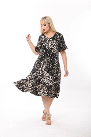 Kadın Büyük Beden Eteği Fırfırlı Cepli Viskon Kumaş Esnek Kısa Kollu Elbise