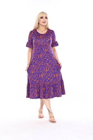 Kadın Büyük Beden Eteği Fırfırlı Cepli Viskon Kumaş Esnek Kısa Kollu Elbise