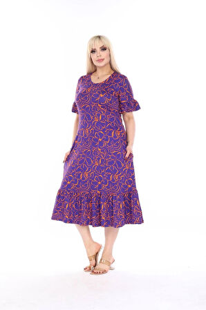 Kadın Büyük Beden Eteği Fırfırlı Cepli Viskon Kumaş Esnek Kısa Kollu Elbise