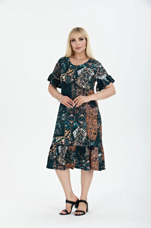 Kadın Büyük Beden Eteği Fırfırlı Cepli Viskon Kumaş Esnek Kısa Kollu Elbise