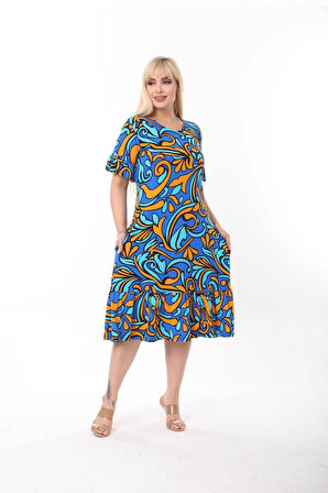 Kadın Büyük Beden Eteği Fırfırlı Cepli Viskon Kumaş Esnek Kısa Kollu Elbise