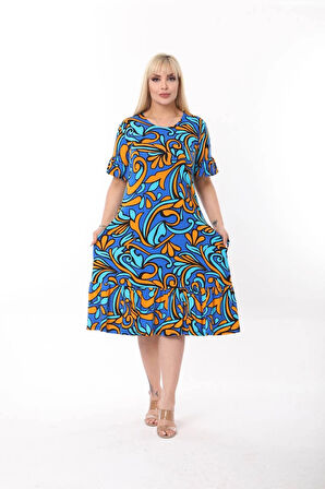 Kadın Büyük Beden Eteği Fırfırlı Cepli Viskon Kumaş Esnek Kısa Kollu Elbise