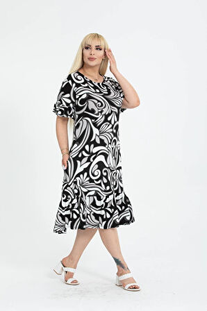 Kadın Büyük Beden Eteği Fırfırlı Cepli Viskon Kumaş Esnek Kısa Kollu Elbise