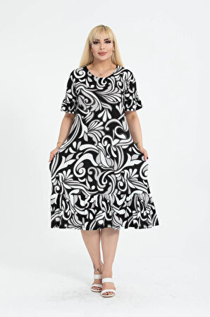 Kadın Büyük Beden Eteği Fırfırlı Cepli Viskon Kumaş Esnek Kısa Kollu Elbise