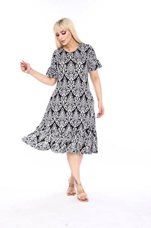 Kadın Büyük Beden Eteği Fırfırlı Cepli Viskon Kumaş Esnek Kısa Kollu Elbise