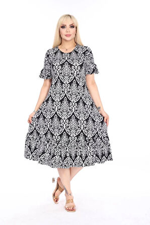 Kadın Büyük Beden Eteği Fırfırlı Cepli Viskon Kumaş Esnek Kısa Kollu Elbise