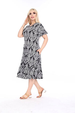 Kadın Büyük Beden Eteği Fırfırlı Cepli Viskon Kumaş Esnek Kısa Kollu Elbise