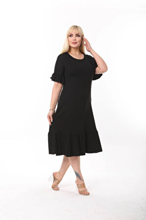 Kadın Büyük Beden Eteği Fırfırlı Cepli Viskon Kumaş Esnek Kısa Kollu Elbise